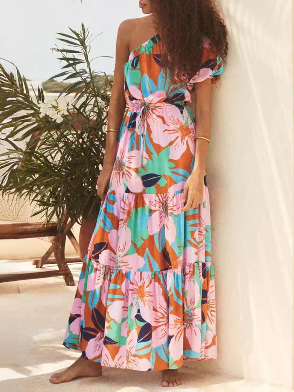 Athena | Off-Shoulder Palm Leaf Print Holiday Style Floral Dress