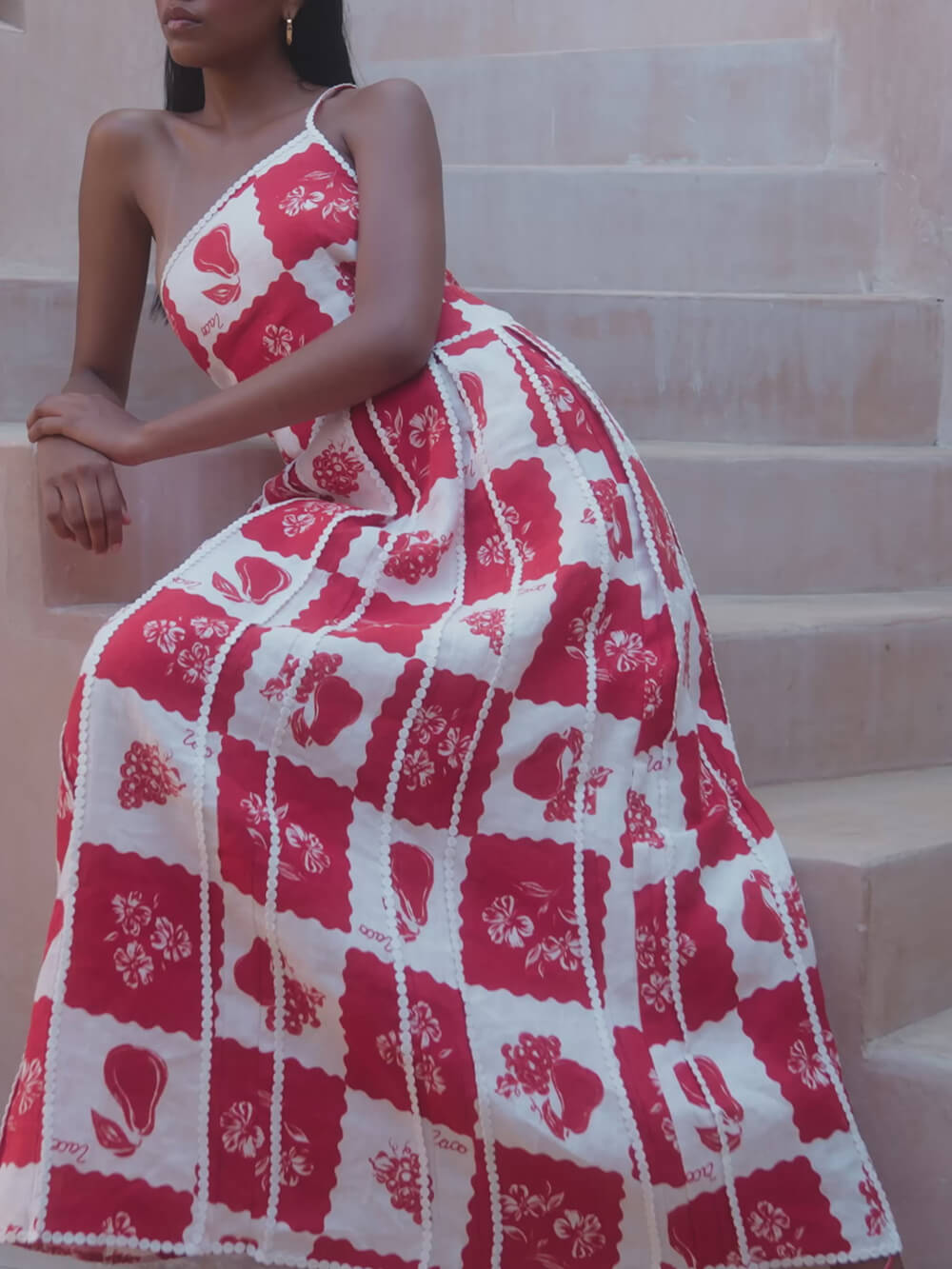 Claire | Unique Printed Floral Trim One Shoulder Flared Maxi Dress