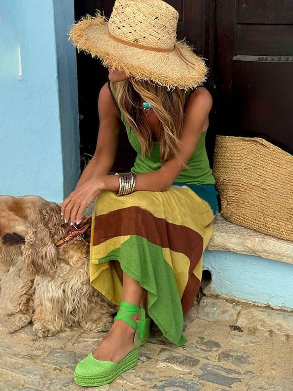 Natalie | Unique Color Block Stitching Print Backless Slim Fit Maxi Dress