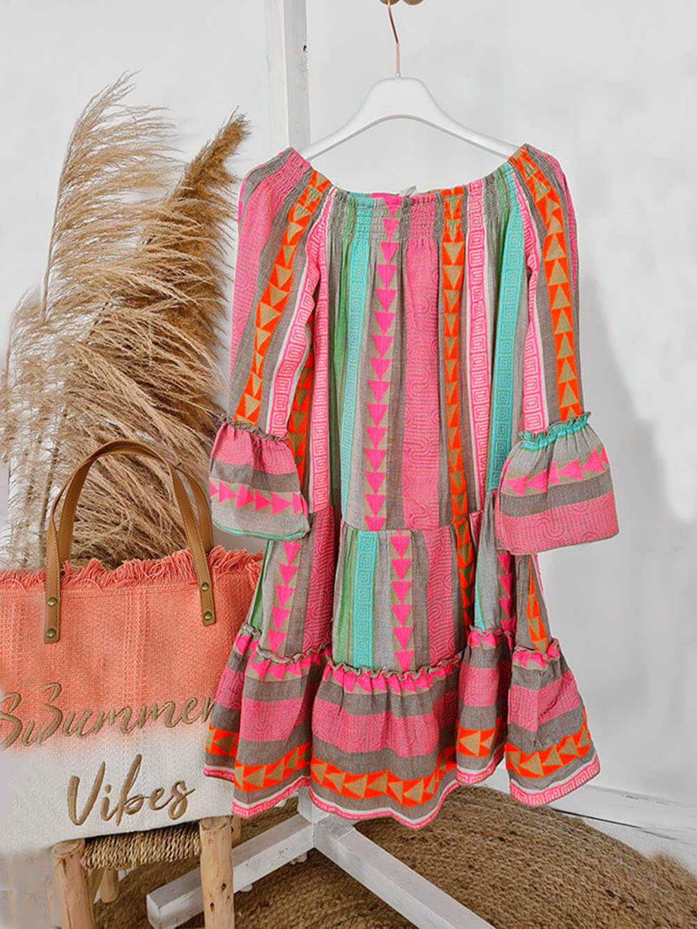 Carmen | Ethnic Print Linen Blend Off Shoulder Loose Mini Dress