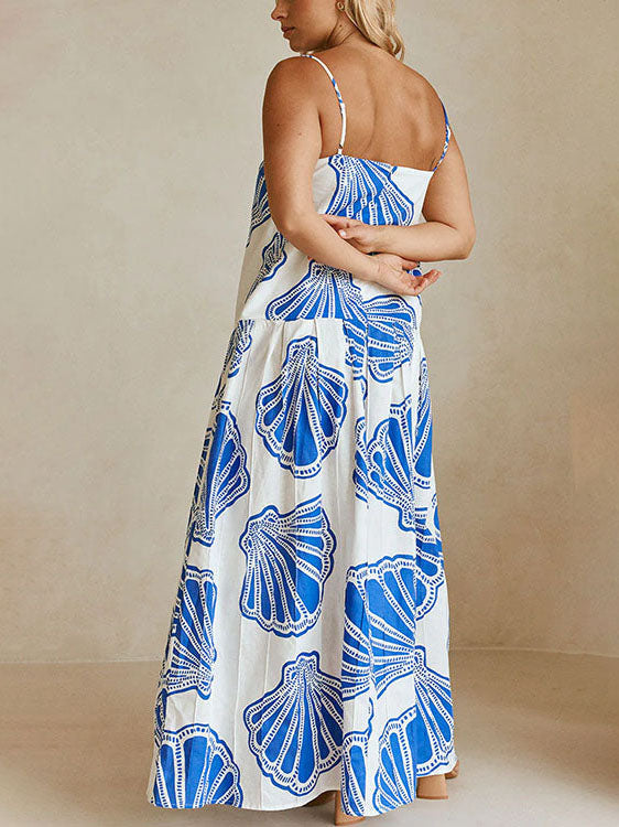 Gracelynn | Holiday Casual Ocean Shell Print Sling Maxi Dress
