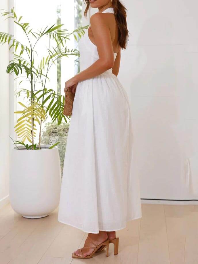 Lucille | Waist Little Black Halter Neck Mid Length Dress