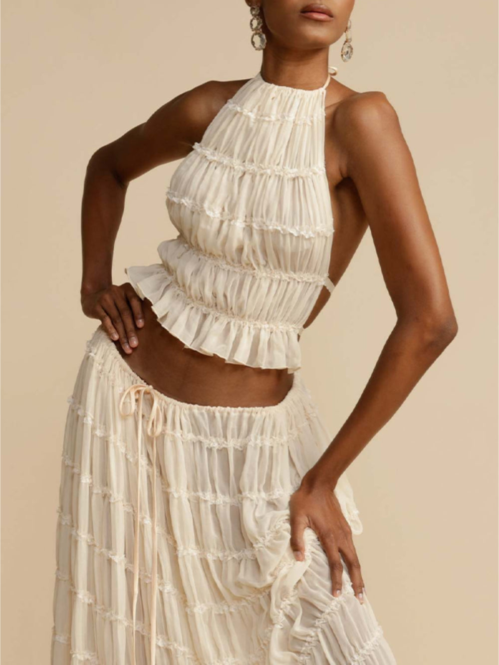 Sydney | Pleated Drawstring Charm Waist Tiered Maxi Skirt