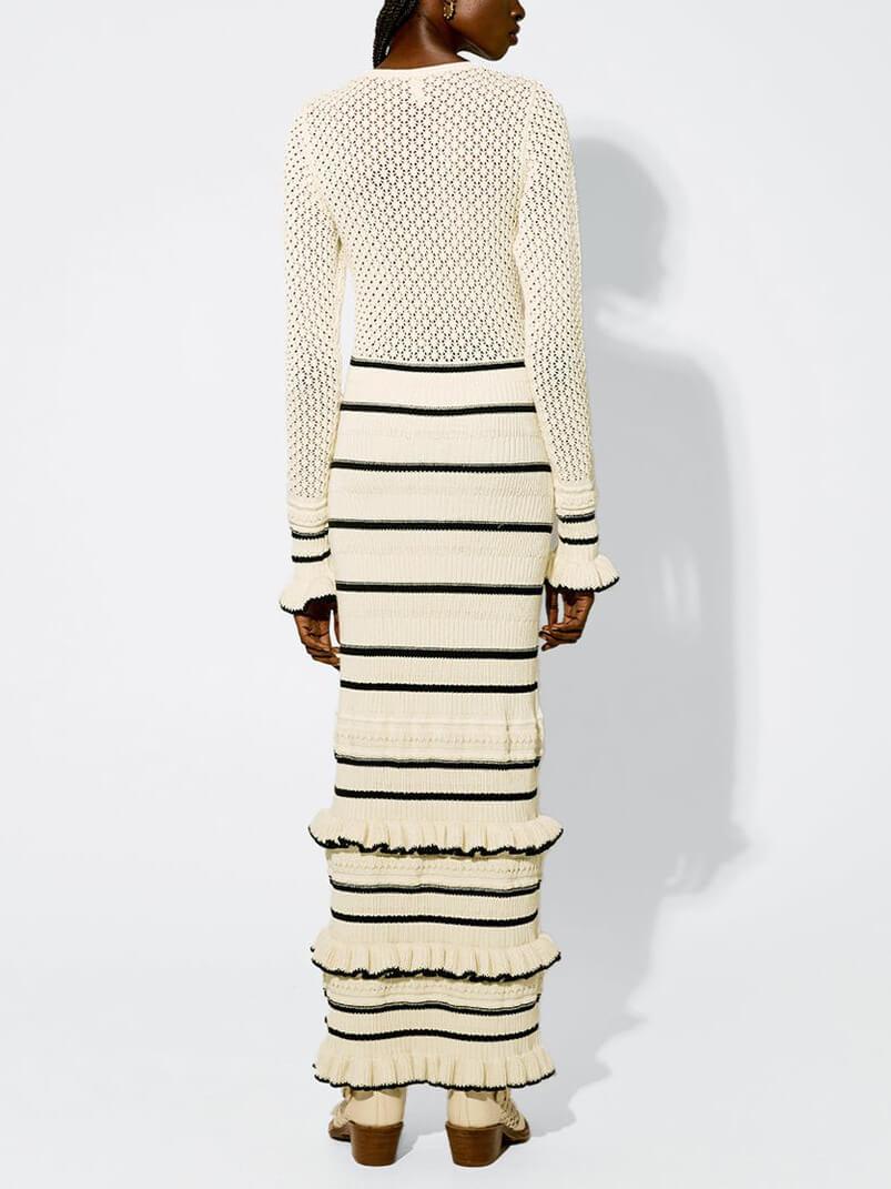 Angela | Knit Stripe Ruffle Long Sleeve Maxi Dress