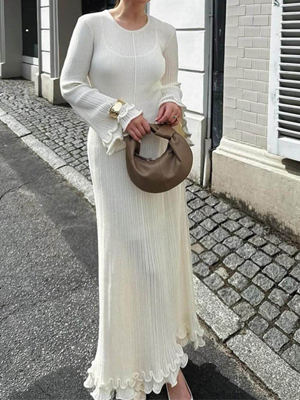 Hannah | Elegant Trumpet Sleeves Rolled Hem Knitted Round Neck Maxi Dress