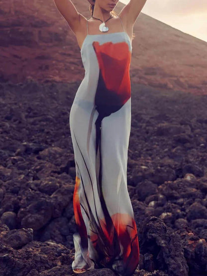 Alessia | Abstract Tulip Print Vacation Slip H-Line Maxi Dress