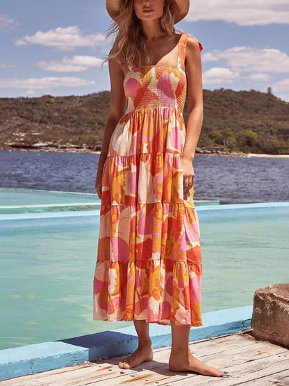 Hallie | Sleeveless Sea Charm Pleated Stretch Chest Print Cami Dress
