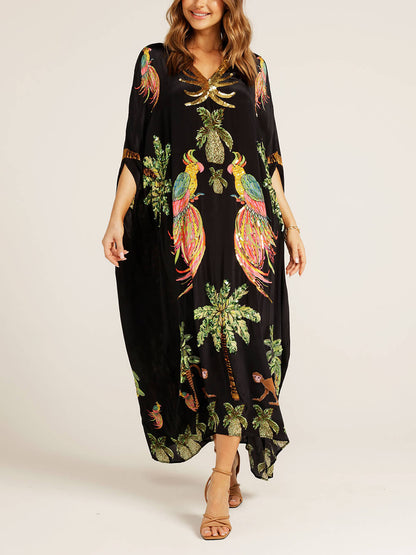 Estella | Unique Drop Shoulder Sleeve Coconut Tree Printed Dress