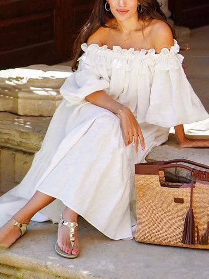 Haisley | Ruffle Off Shoulder Puff Sleeve Pocketed Midi Dress