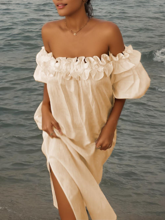 Haisley | Ruffle Off Shoulder Puff Sleeve Pocketed Midi Dress