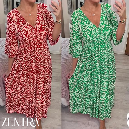 🔥Bohemian casual print V-neck waist wrap long dress