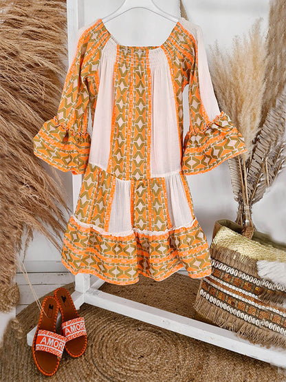 Carmen | Ethnic Print Linen Blend Off Shoulder Loose Mini Dress