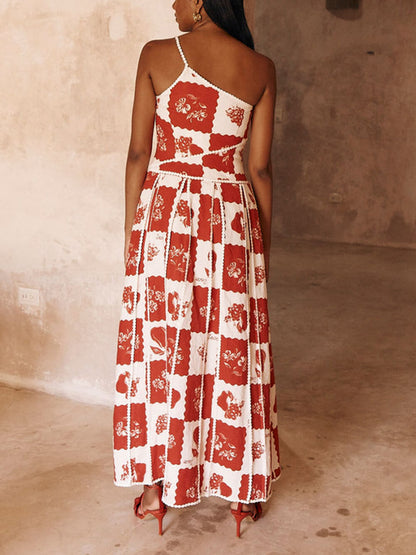 Claire | Unique Printed Floral Trim One Shoulder Flared Maxi Dress