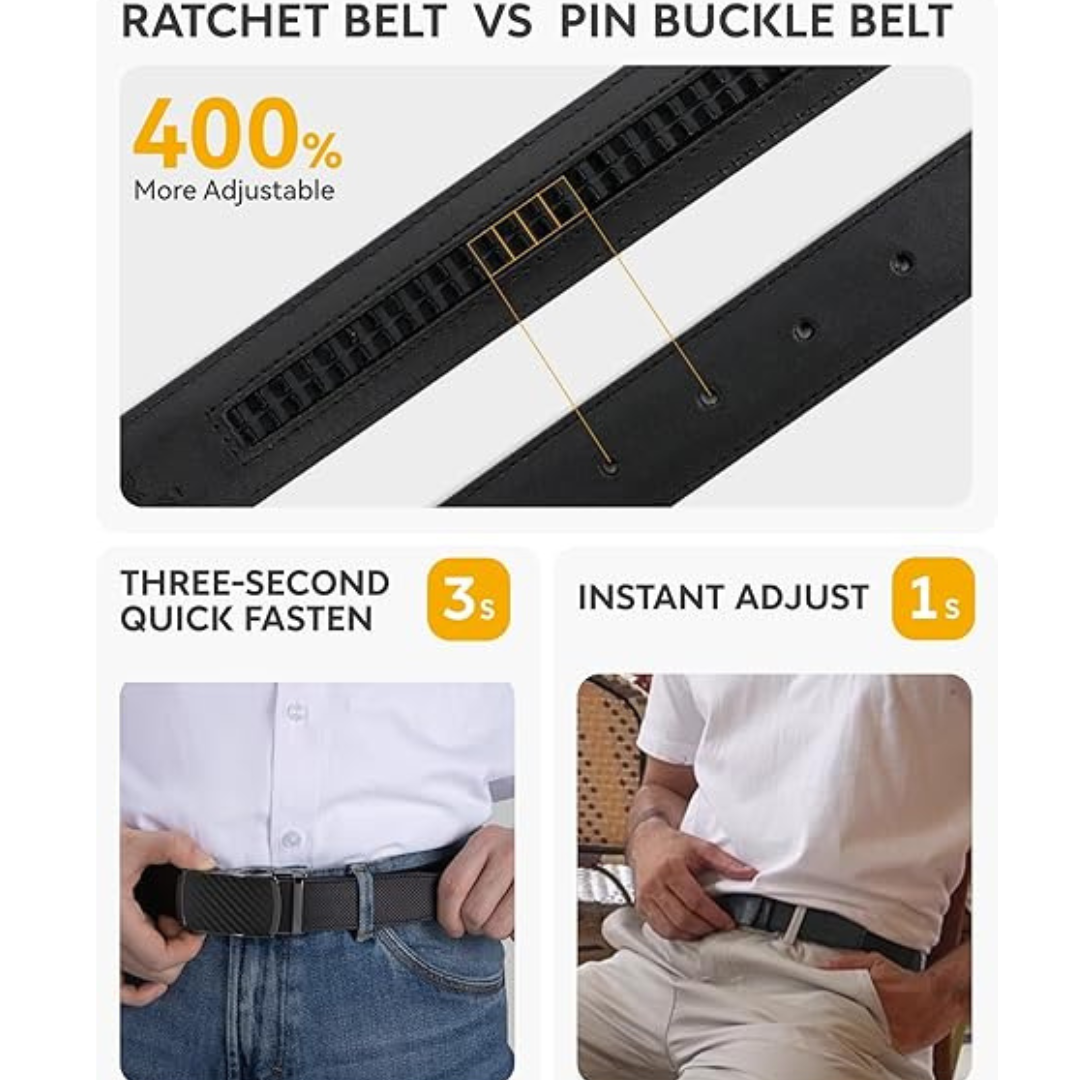 Leather Belt for Men – Buy 1, Get 2! Automatic Ratchet Belt for Jeans & Everyday Wear (1 3/8")