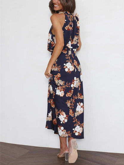 Natalia | Halter Neck Floral Elastic Waist Maxi Dress