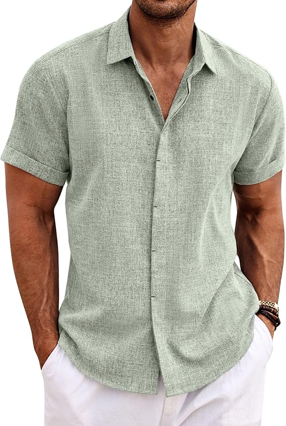 Men's Linen Short Sleeve Summer Shirt – Button Down Casual Holiday Top