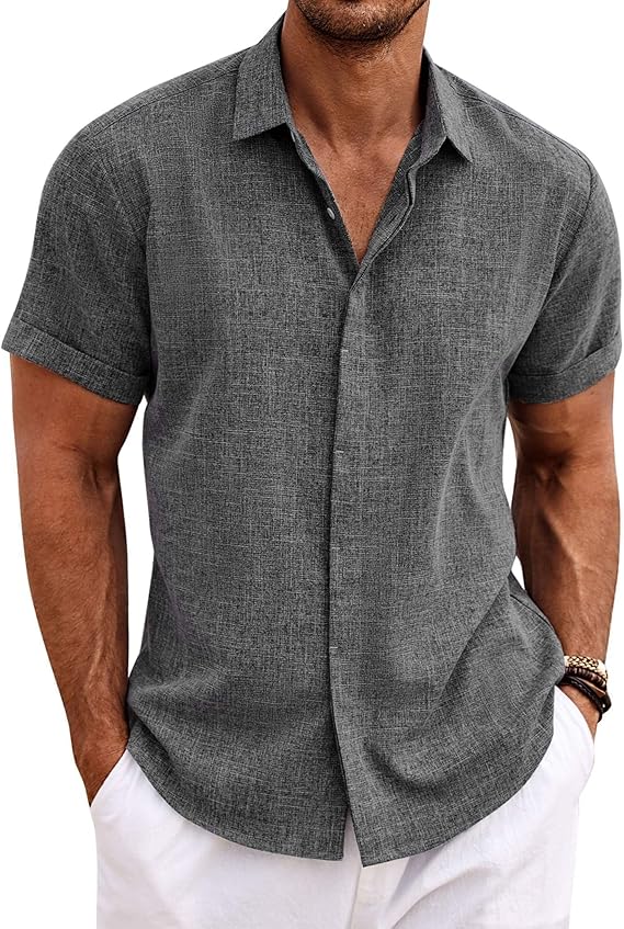 Men's Linen Short Sleeve Summer Shirt – Button Down Casual Holiday Top