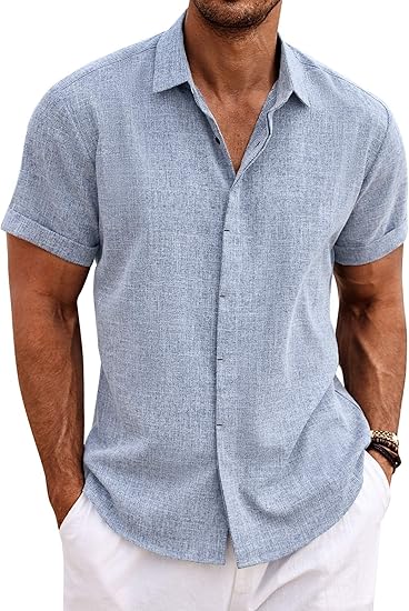 Men's Linen Short Sleeve Summer Shirt – Button Down Casual Holiday Top