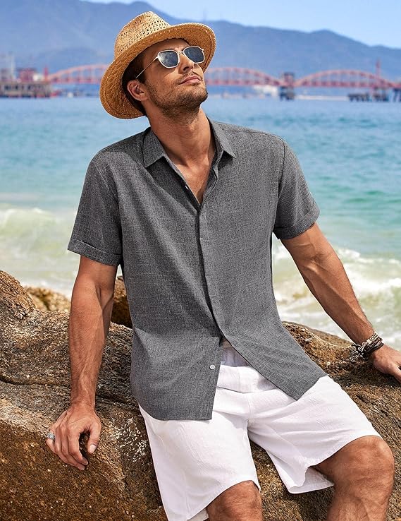 Men's Linen Short Sleeve Summer Shirt – Button Down Casual Holiday Top