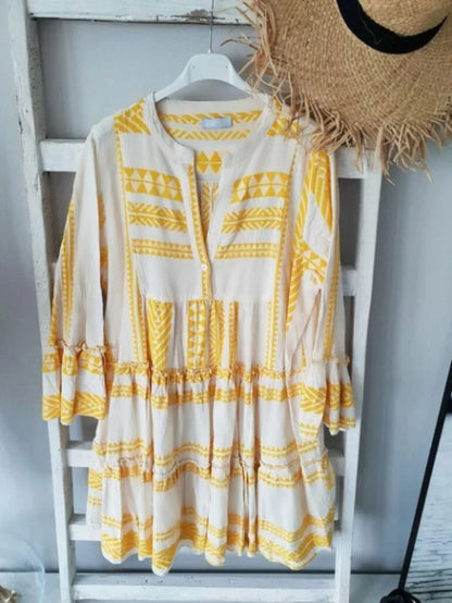 Lucienne | Geometric Print V-Neck Swing Dress